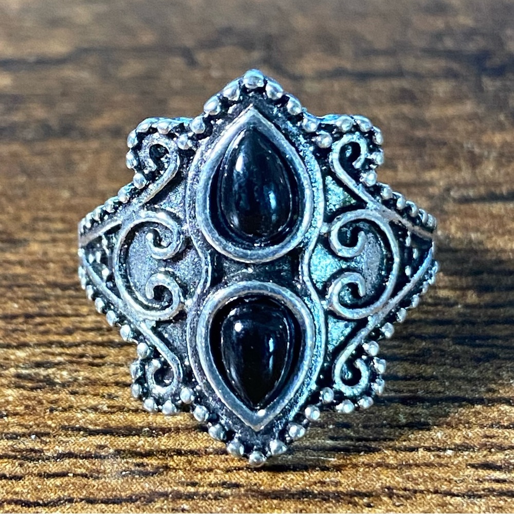 Boho Tear Drops Black Agate & Stainless Steel Women’s Ring Size 7